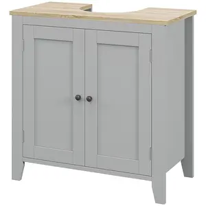 Bathroom Floor Storage Cabinet with U Shaped Cutout for Pedestal Sink Adjustable Shelf Double Door Design Gray MDF Frame Holds 66 LBS Space Saving Organizer for Bathroom Apartment Small Space Daily Hygiene Storage