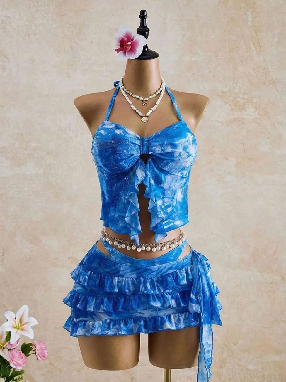 Bellisia Blue Ocean Tie-Dye Ruffle 2-Piece Swimsuit Set | Front-Split Cascade Cami Top | Tiered Ruffle Mini Skirt Bikini Beach Set
