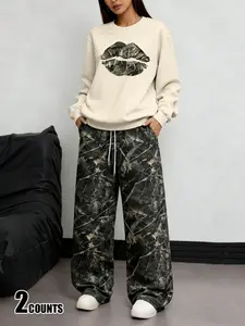 Women's Round Neck Sweatshirt + Camo Branch Loose Pants Set, Casual Letter Print, Comfortable Spring & Fall, Perfect Layering Choice