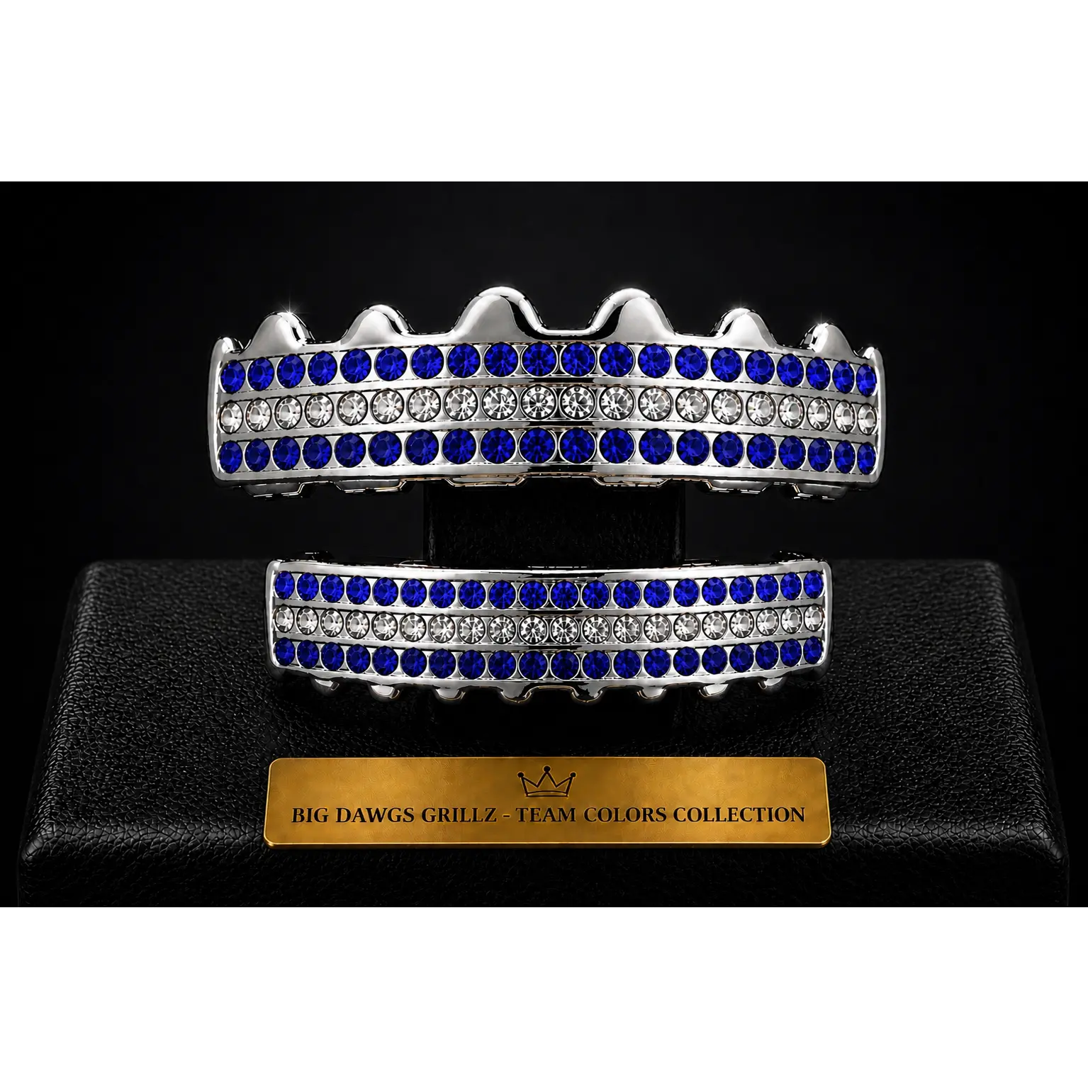 Team Colors Silver 6 Rows Iced CZ Mouth Teeth Grillz Upper Lower Set Blue