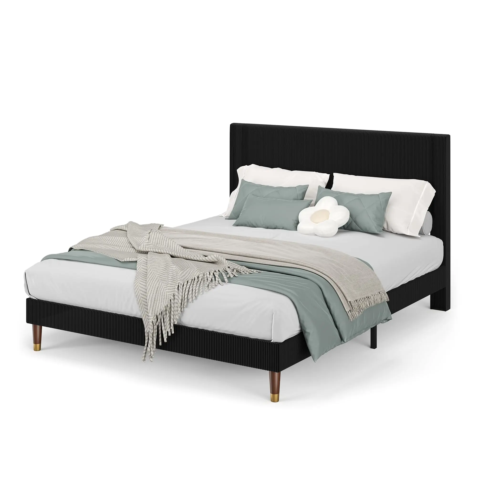 Garvee Full Size Corduroy Upholstered Platform Bed Frame with Headboard – Modern Fabric, Sturdy Metal Frame, Wooden Slats, Noise-Free Design, No Box Spring Needed, Easy Assembly, Black