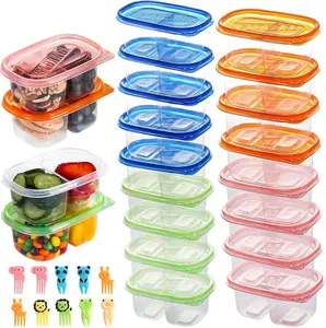 20pcs Reusable Snack Containers with Lids,Double Compartment Snack Containers for kids adults, 10 Cute Forks，Bento Box-Lightweight and stackable, Microwave, refrigerator safe (4 Color)