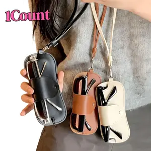 Cute Portable Women's Sunglasses Case, Elegant PU Leather Design, Neck Strap Eyewear Holder, Creative Fashion Glasses Box Gift