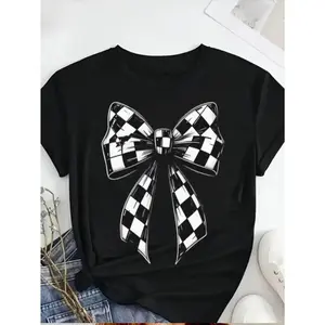 Elegant Women's 100 Percent Cotton Round Neck T Shirt Black Short Sleeve Tee with White Checkered Bow Print Perfect for Casual Spring Summer and Fall Celebrations