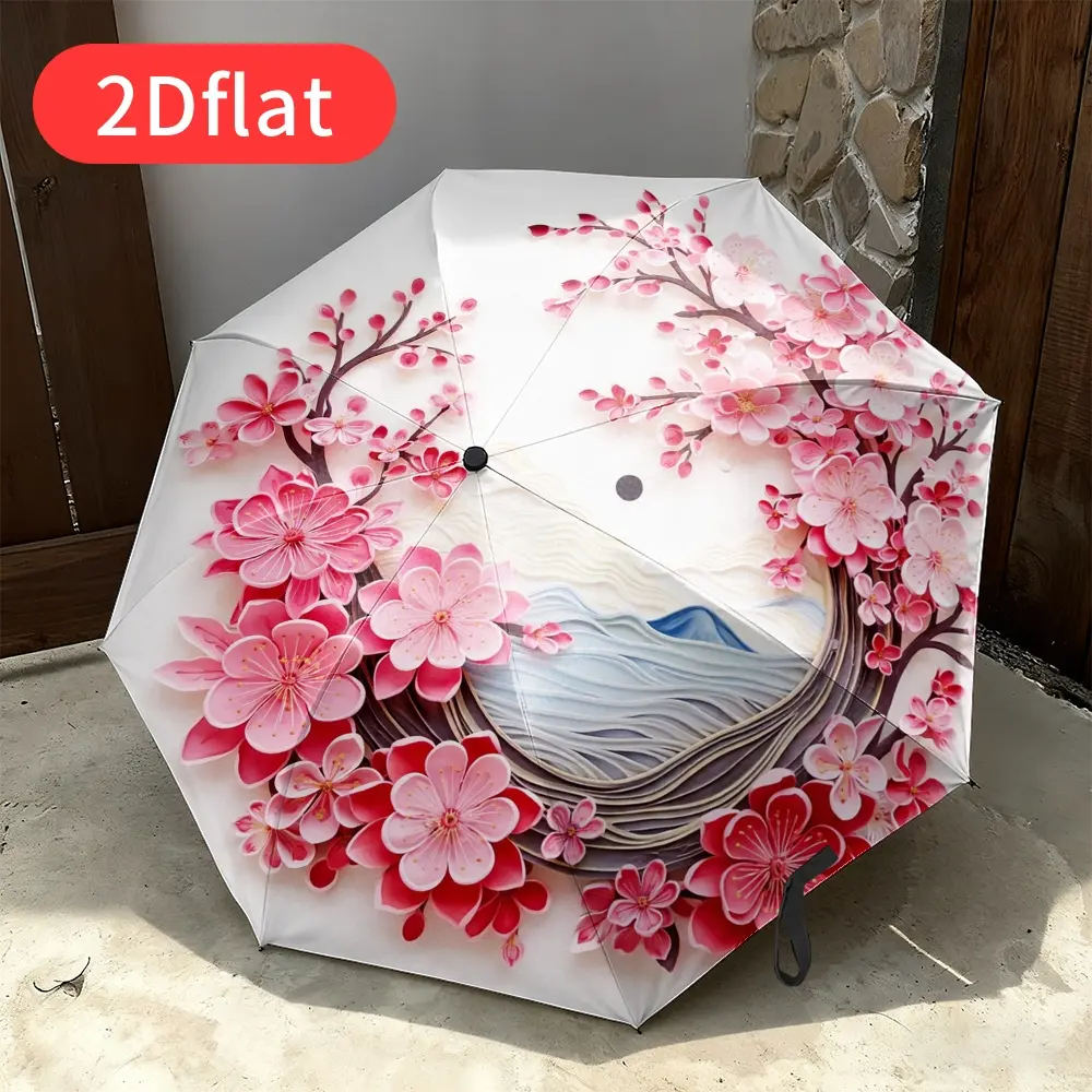 Automatic folding umbrella with cherry blossom pattern. Portable and foldable design, a casual outdoor accessory, suitable as a Christmas, birthday, or holiday gift.