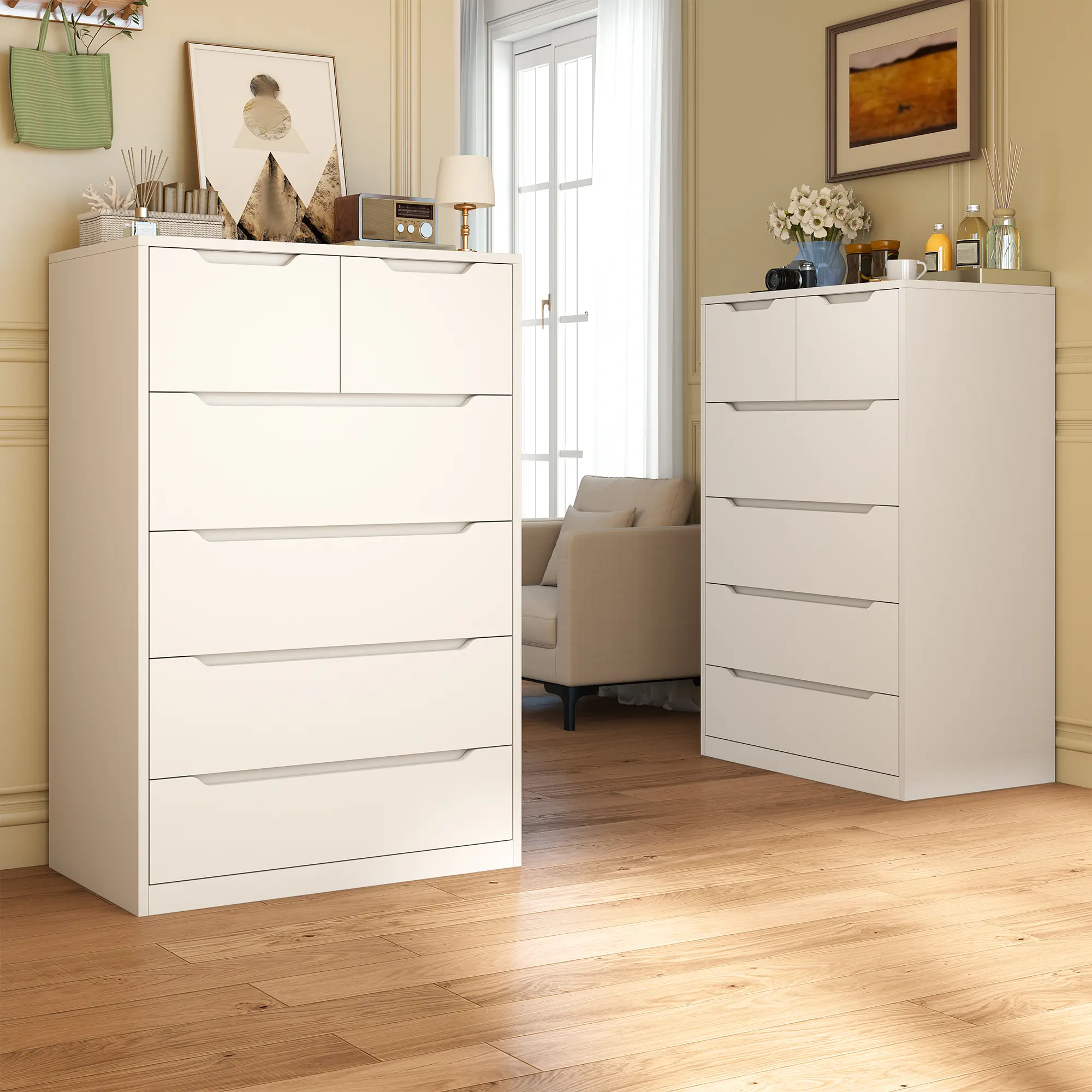 Raybee Tall Wood Dresser 6 Drawer Chest with Smooth Metal Rails, Modern Large Storage Cabinet for Bedroom, Living Room, Home Office, Stylish Luxury Dresser Organizer, 43.3"H x 27.5"L x 15.7"D
