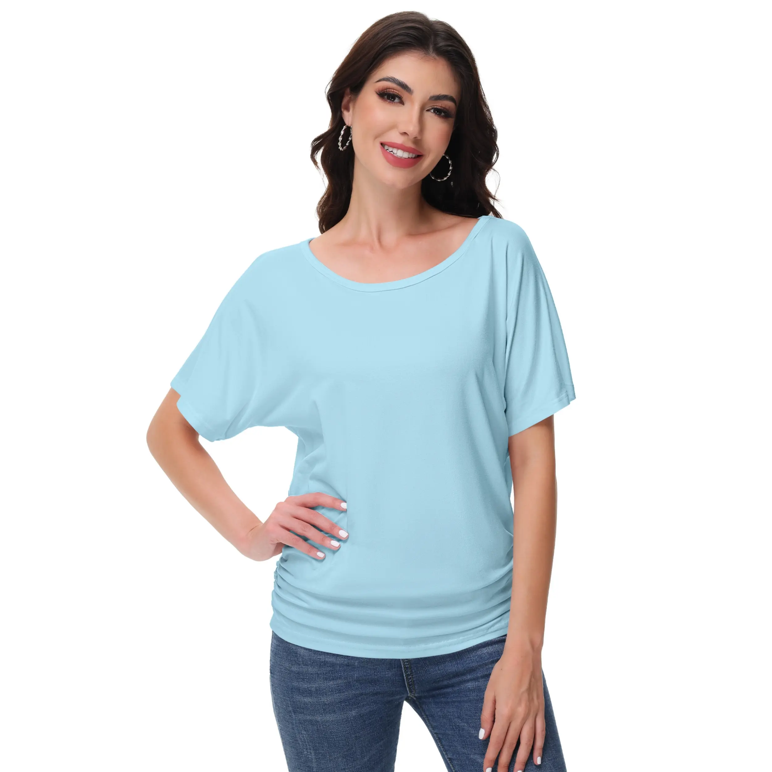 Women's Dolman Top, Casual Short Sleeve Boat Neck Tunic with Flattering Fit and Side Shirring, Lightweight Fabric, Shortsleeve, Basic