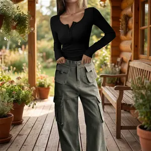 Women's 2026 Fall Long Sleeve Henley Button Ribbed Knit Slim Fit Basic T-Shirt Blouse - Casual Comfortable Everyday Wear Perfect for Daily Outfits Fashion Style Lightweight Soft Fabric Essential Clothing