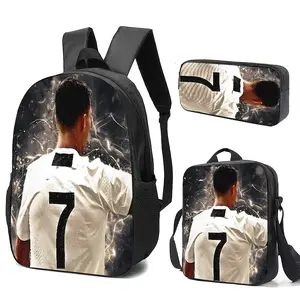 3Pcs Ronaldo#7 Soccer Print Backpack Set Durable 600D Oxford Cloth School Bag Insulated Lunch Box & Pencil Case Combo Adjustable Breathable Strap Large Capacity Fits 15in Laptop for Kids Teens School Travel Outdoor Use