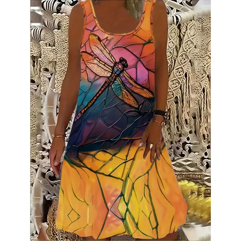 Plus Size Dragonfly Print Tank Dress, Casual Sleeveless Dress For Spring & Summer, Women's Plus Size Clothing