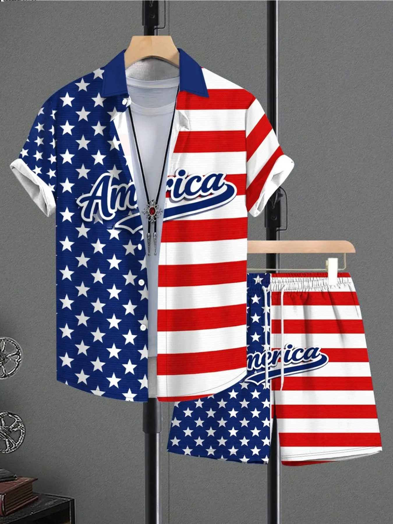 Men's Summer Button Shirt & Drawstring Shorts Set, Menswear, Usa Flag Design(Recommend ordering one size up), Breathable Material, Casual Wear, All Seasons, Couple