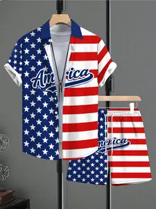 Men's Summer Button-Up Shirt + Drawstring Shorts Set, Fashion American Flag Design, Breathable Skin-Friendly Material, Casual Two-Piece Suit