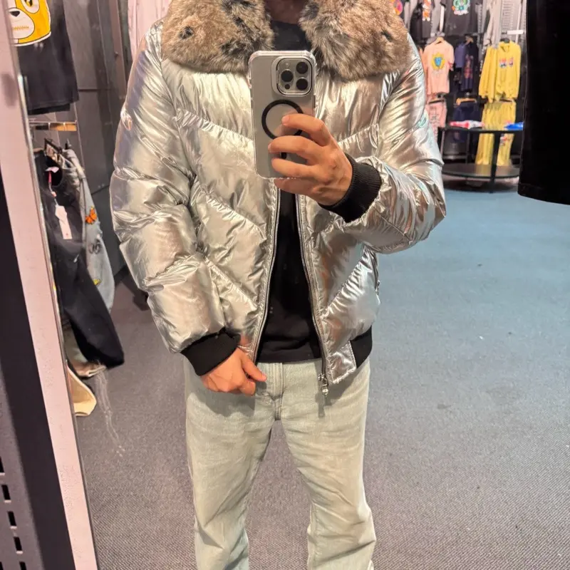 Puffer Jacket Men's - Silver Metallic Finish with Fur Trimmed Collar and Sleeves