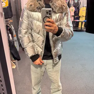 Puffer Jacket Men's - Silver Metallic Finish with Fur Trimmed Collar and Sleeves