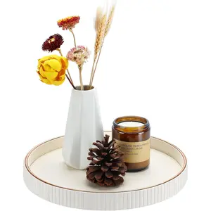 KINGFOM Round PU Leather Decorative Tray with Gold Trim, Catchall Tray for Jewelry, Keys & Small Accessories, Modern Vanity Tray for Dresser, Entryway & Bathroom Counter (Ivory White)