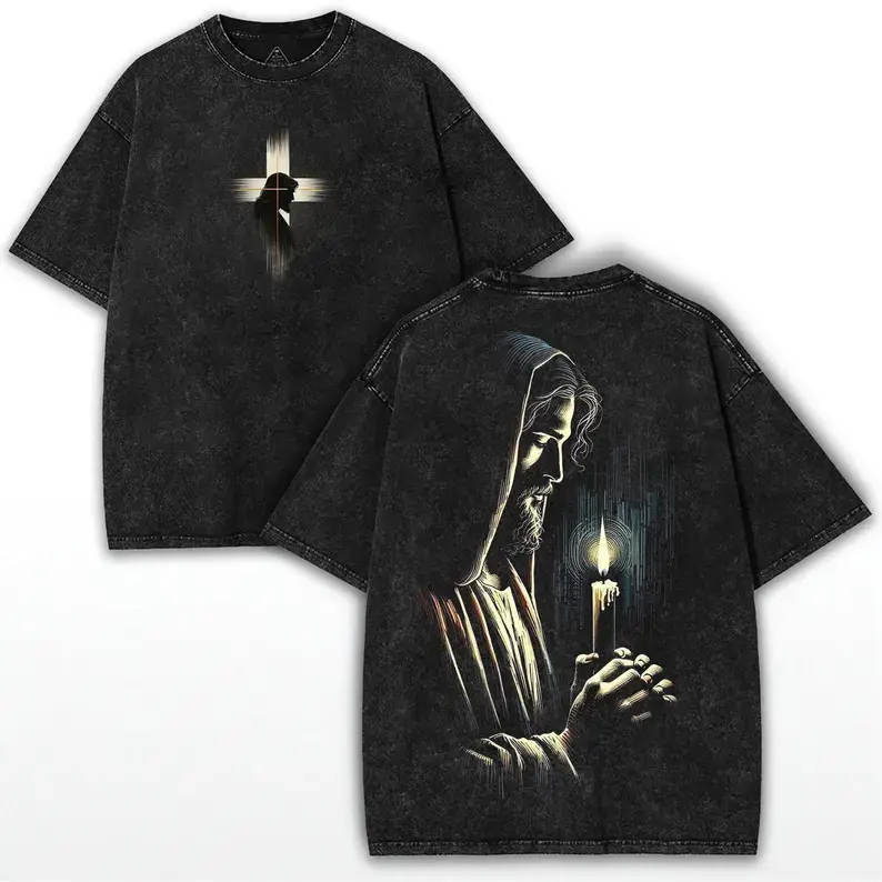 Jesus Candlelight Prayer Oversized Tee – Double-Sided Faithwear in Heavy Cotton for Modern Believers