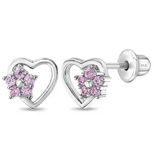 Delicate Heart & Flower Pink Baby / Toddler / Kids Earrings Screw Back - Sterling Silver