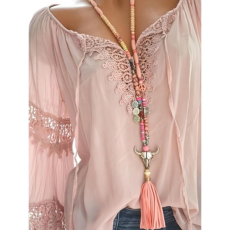 Women's plus Size V-Long Sleeve Top with Elegant Edges and Heart-Shaped Pendant Details, Spring/Autumn See-through White Casual Wear