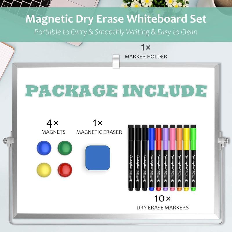 Dry Erase White Board, 16inX12in Large  Desktop Whiteboard with Stand, 10 Markers, 4 , 1 Eraser, Portable Double-Sided White Board Easel for  Memo  Desk School