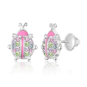 Ladybug Crystal White Gold Palladium Plating Hypoallergenic Kids Screwback Stud Earrings Surgical Titanium Posts