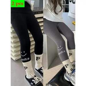 Kids' 2-Pack Shark Pattern High Stretch Leggings - Polyamide Blend, Alphabet Print, Long Length for Spring/Fall, Knit Skinny Fit Yoga Pants - Ages 12 and Under