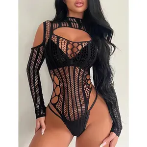 Lingerie Bodysuit Hollow Out See Through Cover Up Long Sleeves Body Stocking Without Underwear Valentine's Day, Rave For Going Out