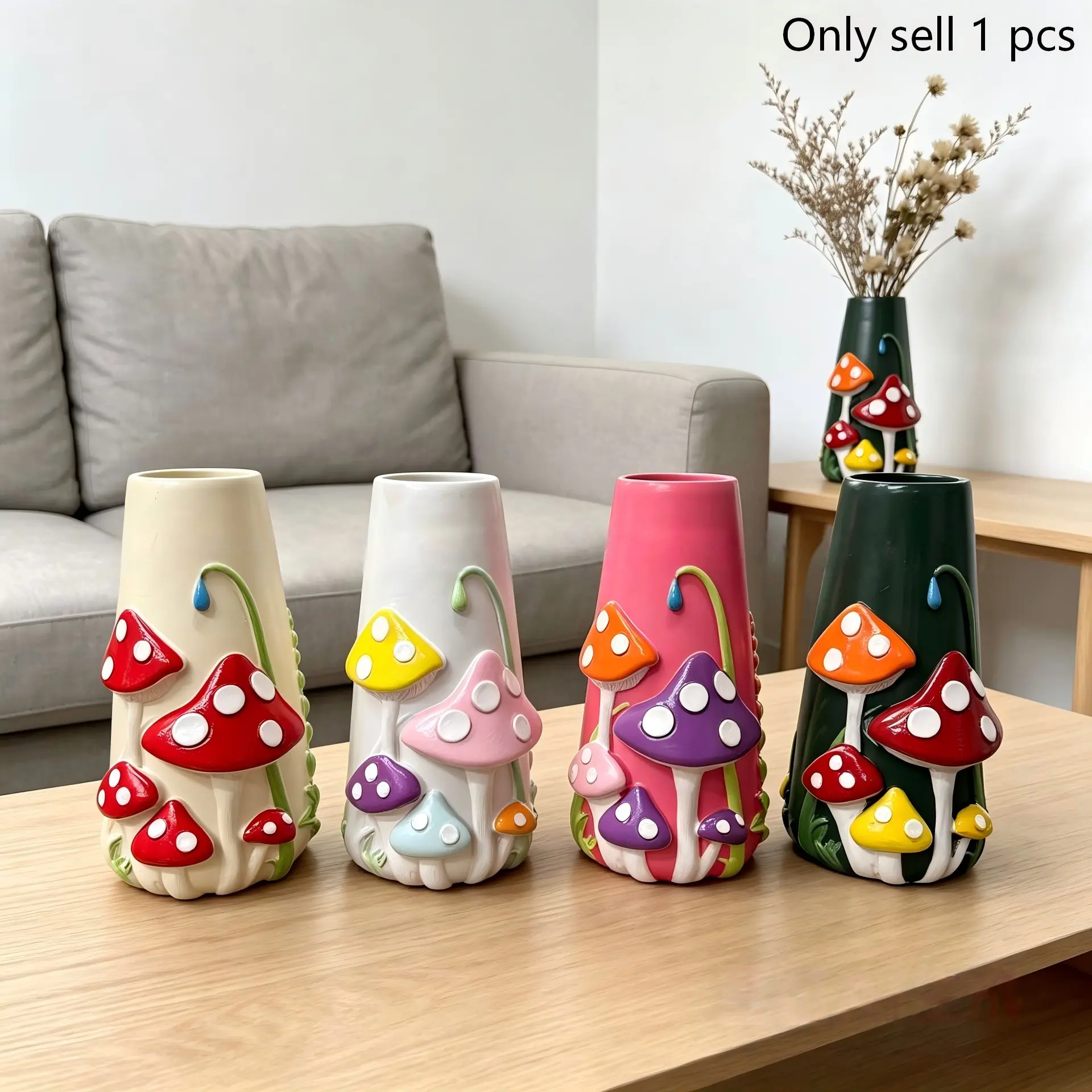 1pc Colorful Mushroom Resin Vase, Cute Cottagecore Flower Vase Decorative Vase for Home & Room Decor, Hand-Painted Boho Aesthetic Vase for Dried Flowers