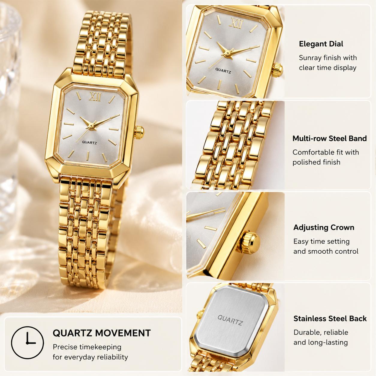 Luxury Ladies Fashion Quartz Watch Simple Scale Square Quality Gold Plated Women Watches Business, Gift Box & Adjuster & Gift for Her | Women's Lightweight Square Quartz Watch - Gold Analog, Elegant Vintage, Small Stainless Steel Bracelet Wristwatch, Girl