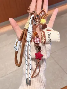 Maillard Vintage Brown Embroidered Fabric Coffee Cup Keychain,Star Plaid Beaded Keyring White Braided Rope Keychain Brown Woven Wrist Lanyard Key Chain Coffee Bean Pendant Aesthetic Coffee Cup Star Bag Charm Handbag Hanging Jewelry Backpack Bag Accessory