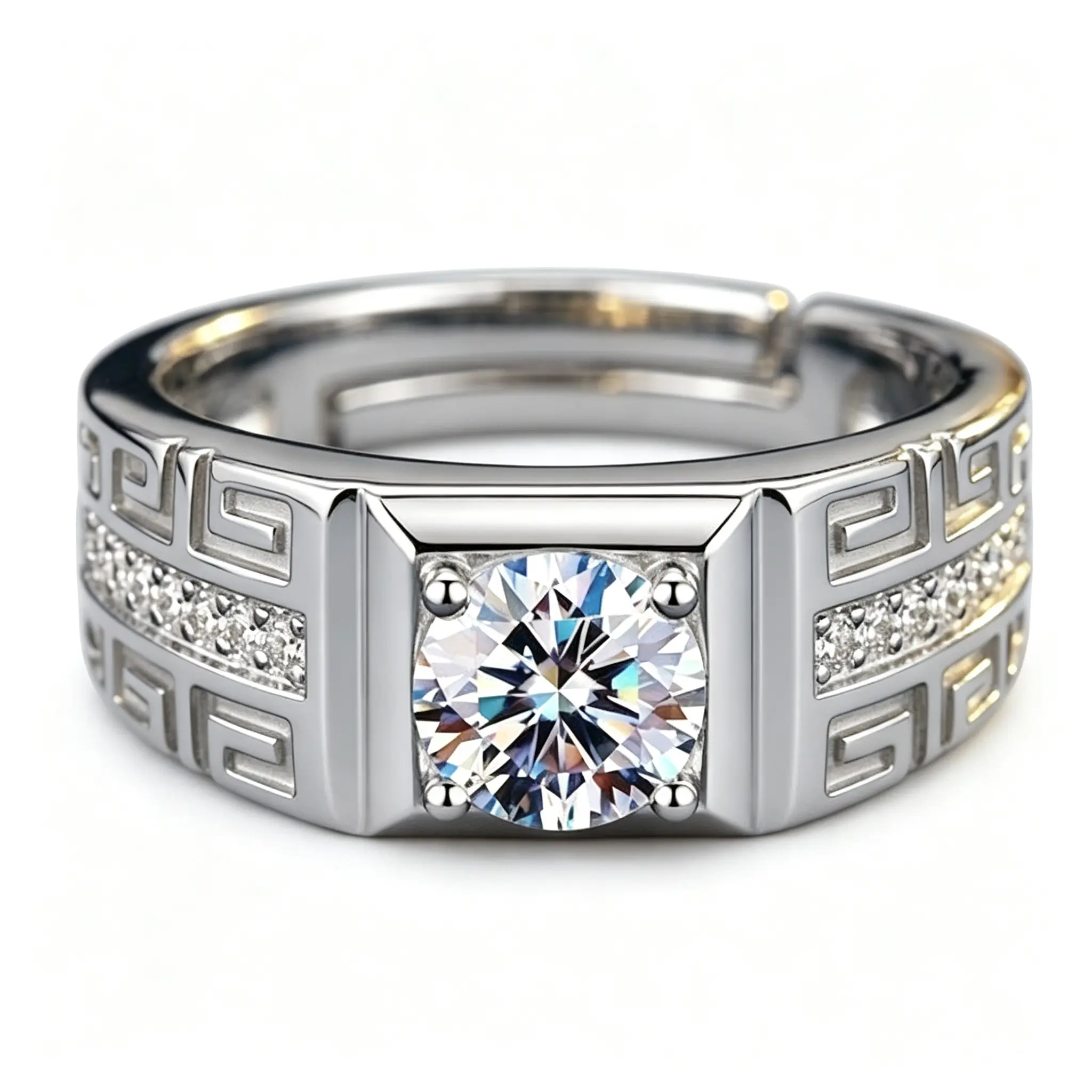 Men’s Adjustable Greek Key Moissanite-Style Ring, Wide Band, 4-Prong Square Solitaire Statement Costume Jewelry, Ideal Anniversary or Birthday Gift For Him