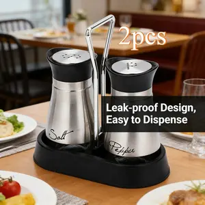 2pcs Stainless Steel Condiment Bottle Set with Base, Home Kitchen Salt Pepper Shakers, Leakproof Moisture-Proof Spice Container, Salt And Pepper