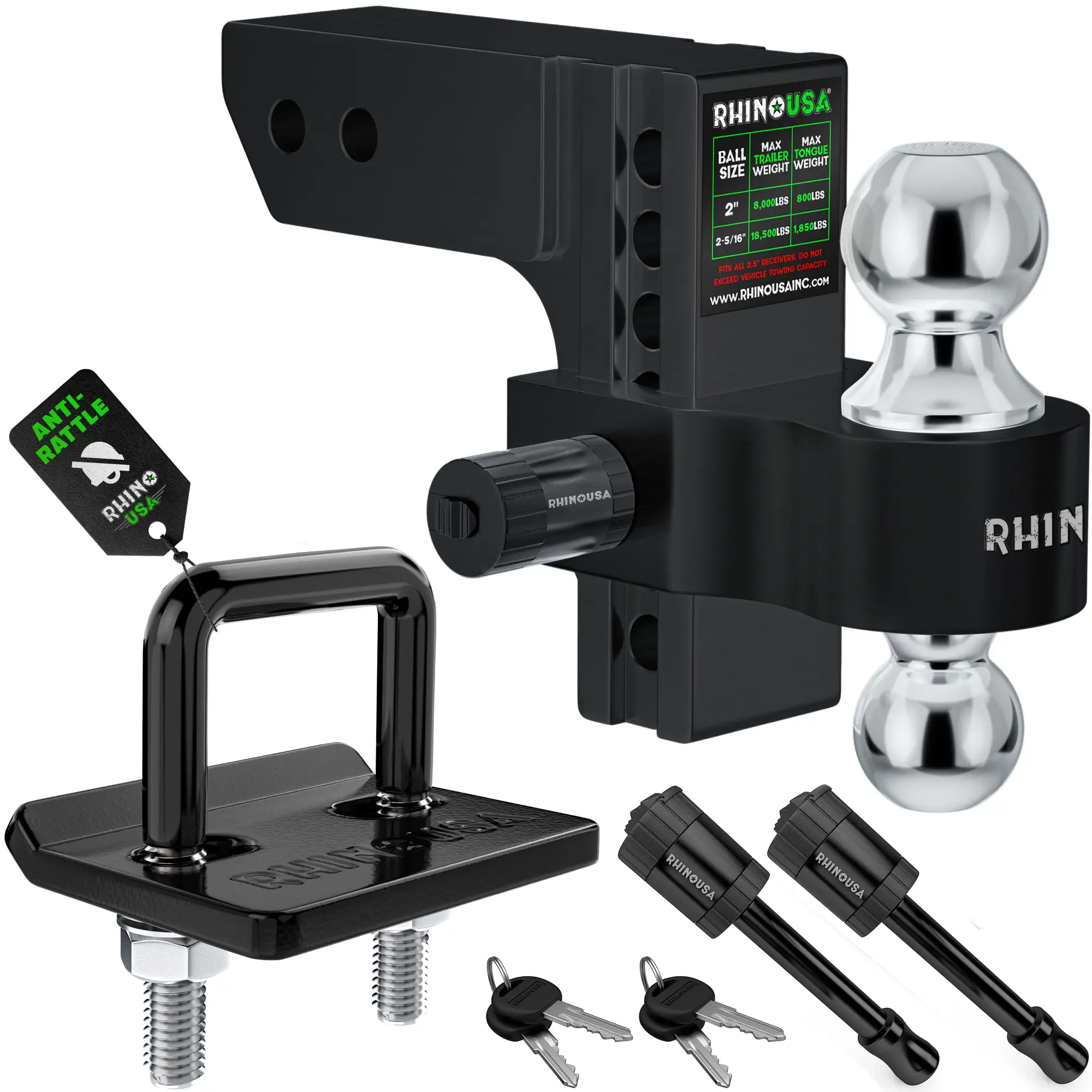Rhino USA Adjustable Trailer Hitch (2.5-Inch Receiver) - Heavy Duty Aluminum Tow Hitches with 6-Inch Drop/Rise for Truck (18,500 LBS GTW)