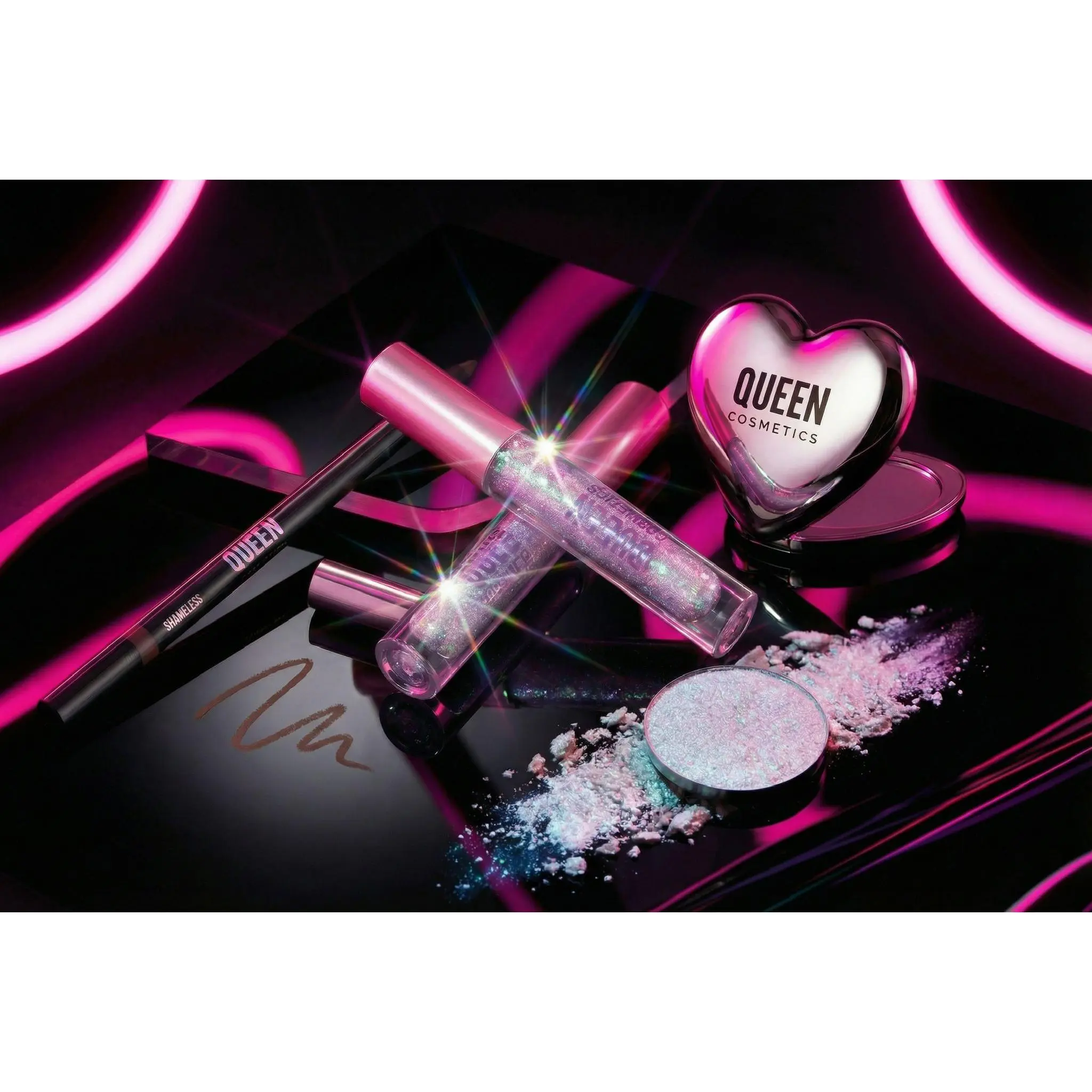 Queen Cosmetics Rave Girl Bundle Featuring Shameless Lip Liner Celestial Being Eyeshadow & Iconic Heart Compact for Glowing Sparkle