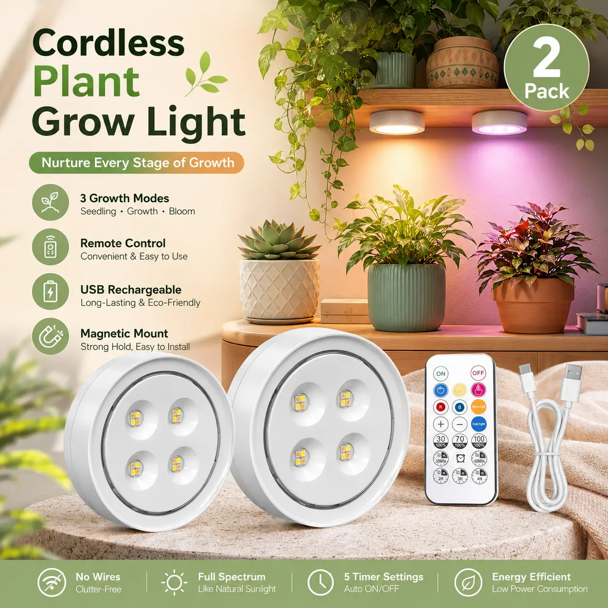 2 Pack/1 Pack  Rechargeable Battery Grow Light, FullSpectrum Indoor Cordless Plant Light withTimer & Remote, Stepless Dimming,Type-CCharging 2000mAh,Wireless Magnetic PuckPlant Lights for Indoor Growing