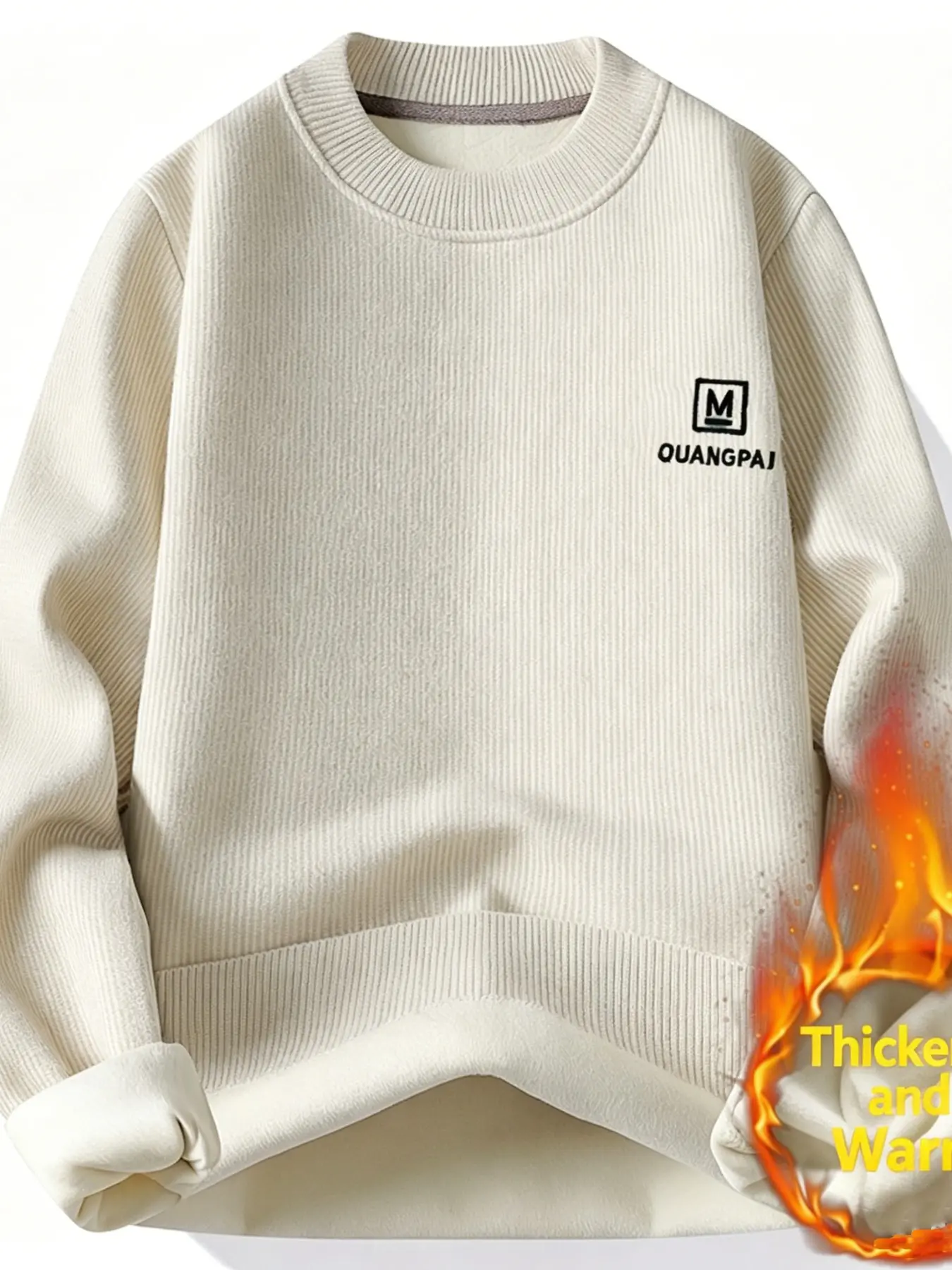 Men's Fleece Lined Warm Sweater, Round Neck Solid Color Knitwear, Soft Textured Fabric, Embroidered Logo, Fall Winter Anti-Chill, Durable Easy Care