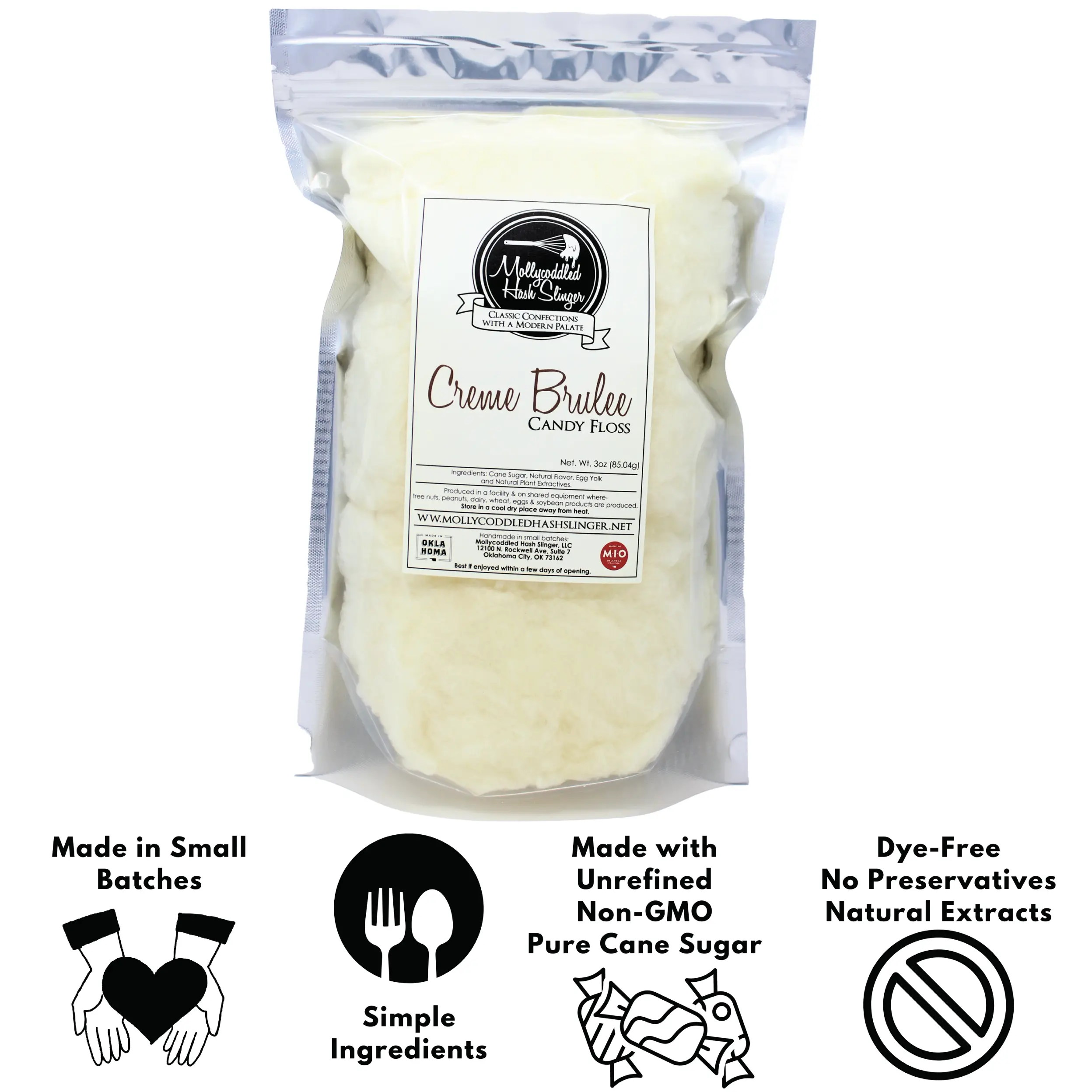 Mollycoddled Hash Slinger - Creme Brulee Candy Floss - Cotton Candy - 3oz bag - Hand Spun Cotton Candy – Natural Flavors – Unrefined Sugar – Dye Free  Candy – Candy – Gluten Friendly Candy – Sweets – Snack boomer candy