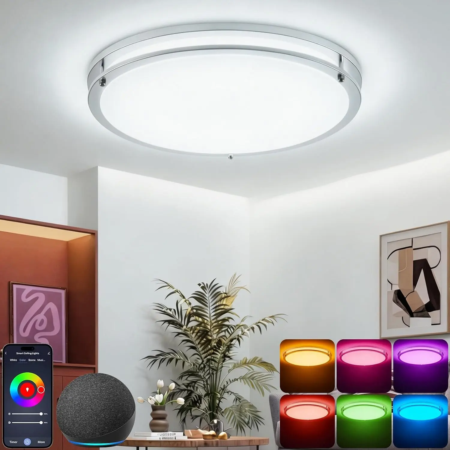 CINOTON Smart Professional 16-inch RGBCW LED Ceiling Light, 40W, 16M Color Adjustable Dimmable Ceiling Spots, Works with Alexa & Google Assistant, Ideal for Bedroom, Living Room, Dining Room
