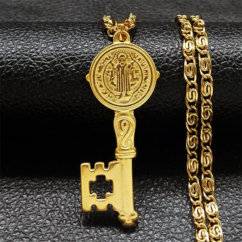 St. Benedict's Life Key Pendant Necklace Women's Men's Stainless Steel Hip Hop San Benito Medal Item