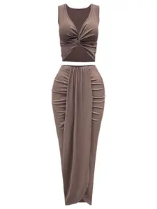 Women's Knitted Elastic Slim-Fit Twist Sleeveless Vest & Asymmetrical Hem Midi Skirt Set, Outfit, Casual Chic Fashion Two-Piece Top