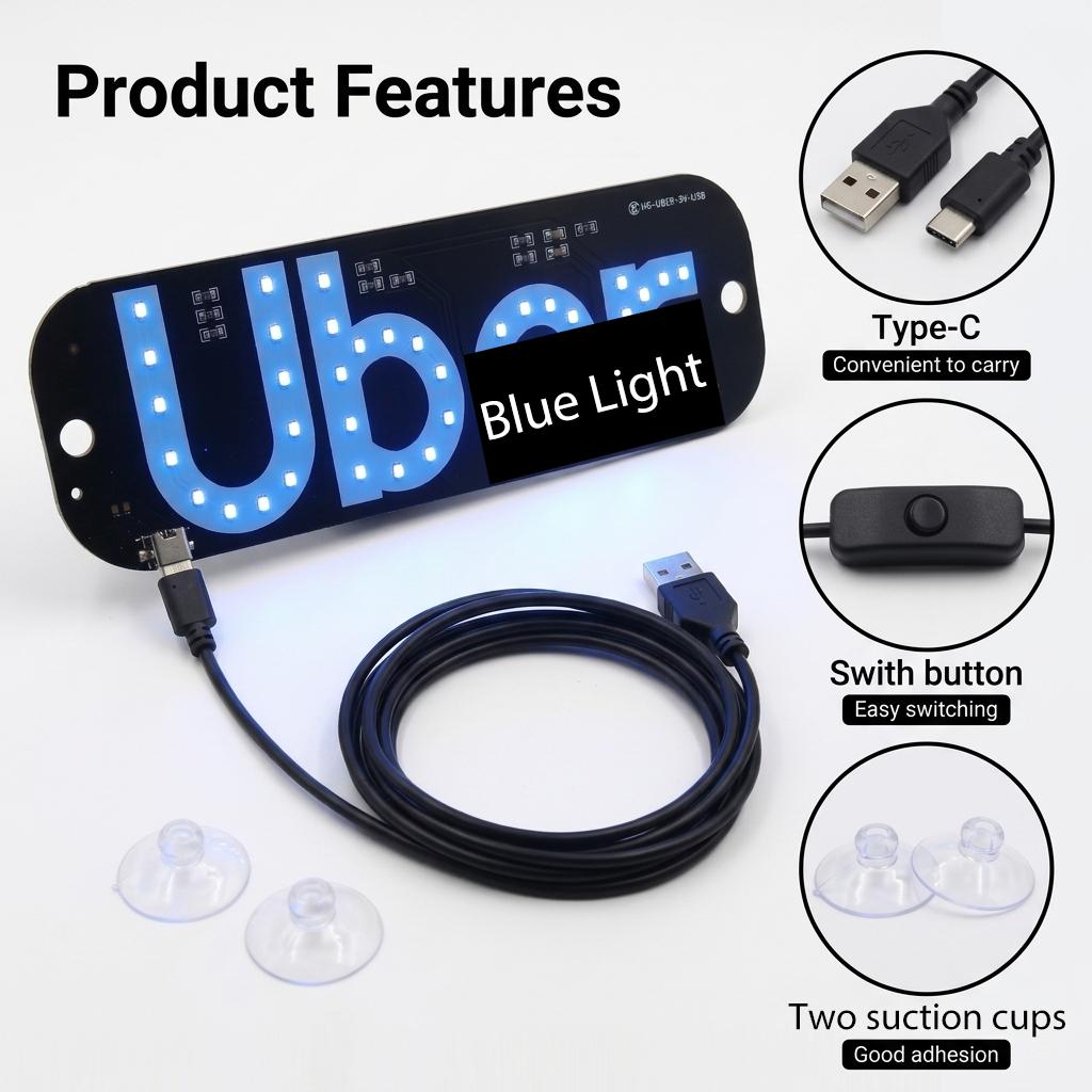 LED Taxi Windshield Light Sign USB-C Powered Rideshare Display with Suction Cups for All Vehicles Holiday Gift