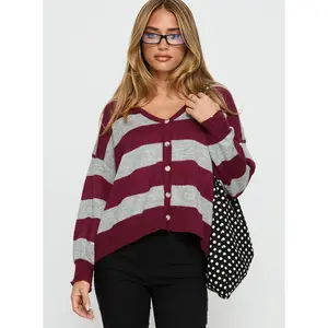 Devvon V Neck Knit Cardigan Red Stripe