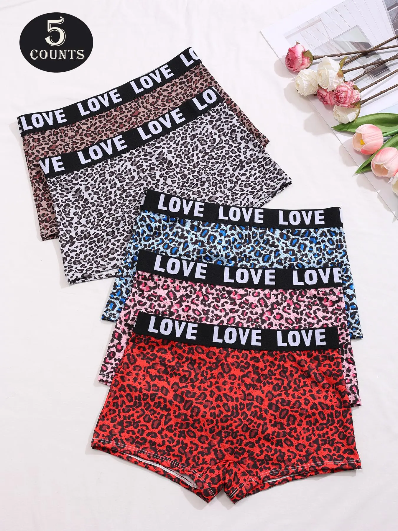 Women's Leopard & Cherry & Lip Print Boyshorts, Soft Comfy Breathable Panty for Daily Wear, Underwear for All Seasons, Casual Breathable Knicker, Fashion Comfy Underwear, Soft Breathable Panties