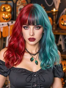 Colorblock Wig, 16 Inch Curly Hair, Vibrant Colors, Bold Hair Change, Halloween Cosplay, Carnival Costume Accessory