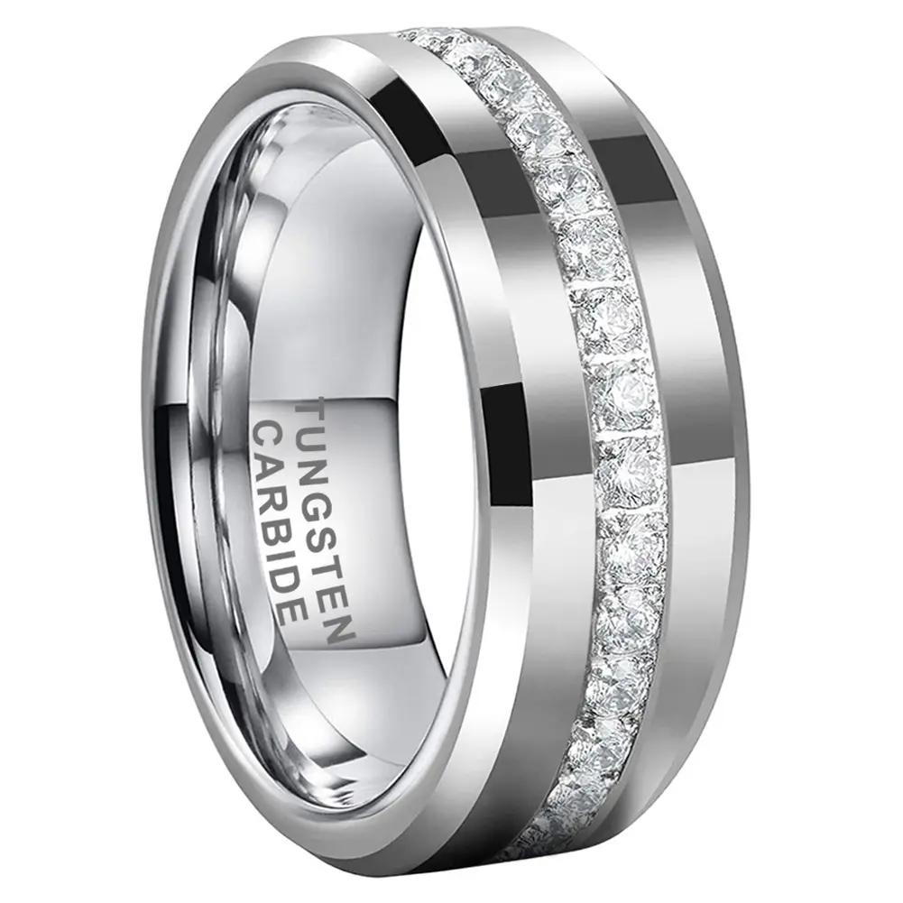 Men's Wedding Band, 8mm High-Polished Wide Band with Crystal Accents - Comfort Fit & Extremely Durable for Daily Wear & as an Engagement Promise Ring, Tungsten Carbide, Inlaid Crystals, Basic, Anniversary, Classic, Jewelry Rings, Fashion Promise Ring
