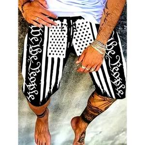 Lightweight Polyester Patriotic Beach Shorts - Men's Casual Drawstring Swim & Surf Trunks, "WE THE PEOPLE" & American Flag Print, Ideal for Summer Outings & Beach Activities