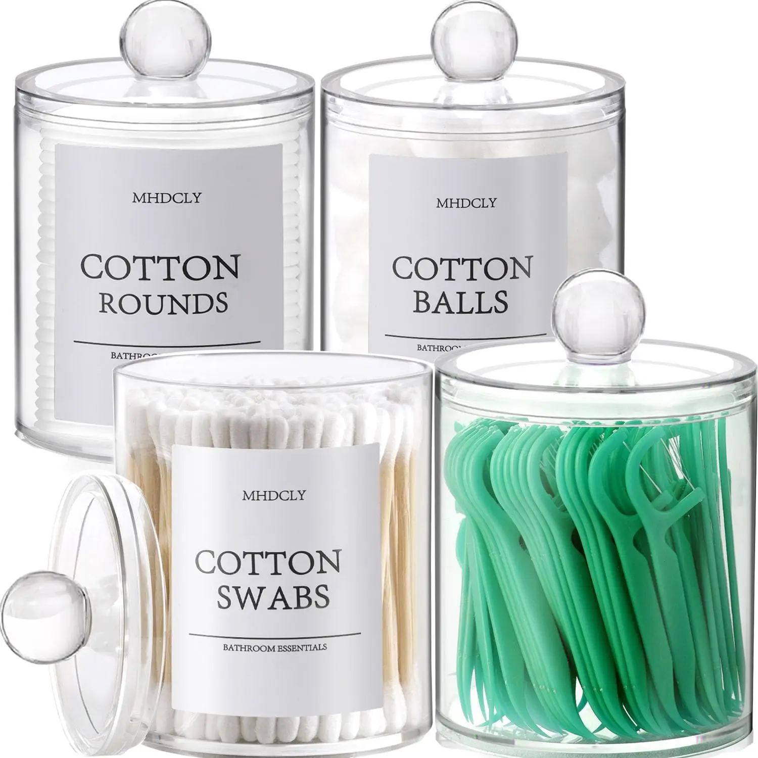 4 Pack Acrylic Qtip Holder Dispenser for Cotton Swabs, Balls, Pads, Floss Picks- Small Clear Acrylic Canister Apothecary Jar Set, Bathroom Essentials Accessories Decor, Vanity Makeup Storage Organizer