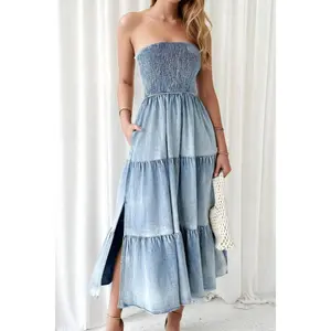 Smocked Tube Slit Tiered Denim Dress