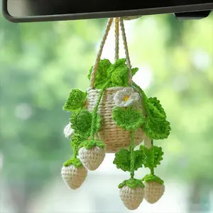 Handmade Strawberry Car Hanging Ornament Cute Crochet Mirror Decor Aesthetic Boho Auto Interior Accessory Perfect Gift for Her New Driver