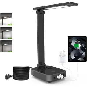 LED Desk Lamp with 4 USB  Ports and 2 AC Outlets,5ft Extension Cord Power Strip Station, 3 Level Brightness,  Dimmer Control, Office Table Eye Care Lamp Bedroom Hotel