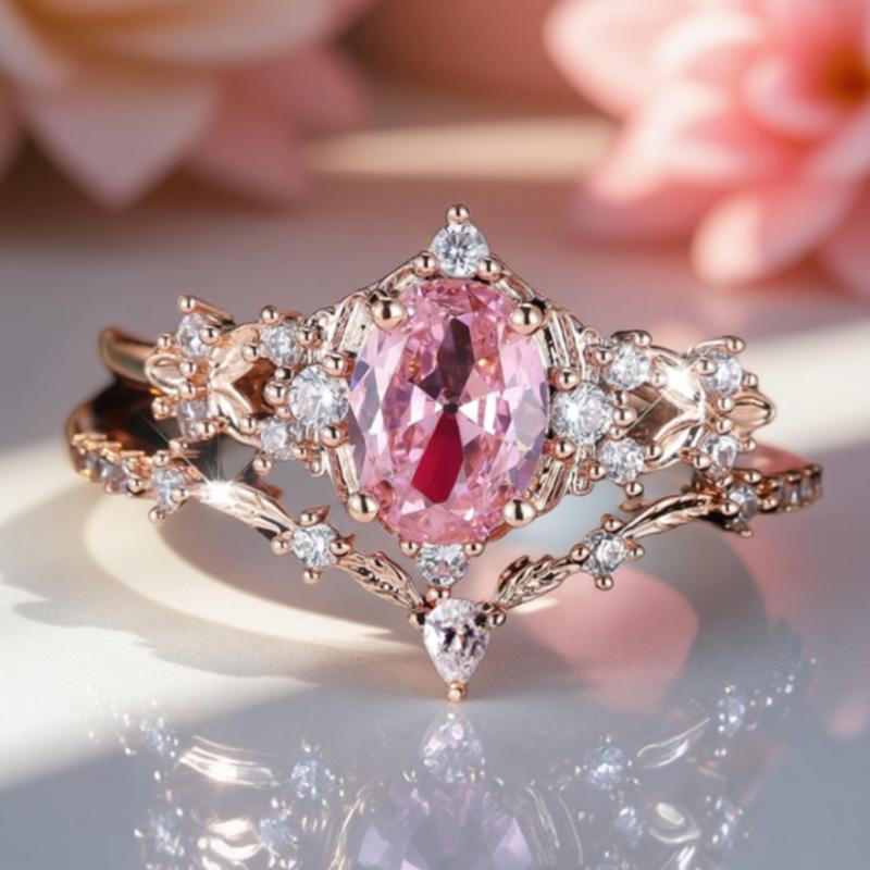 Cute Dainty Pink Flower Synthetic Zirconia Couple Rings - Promise ...